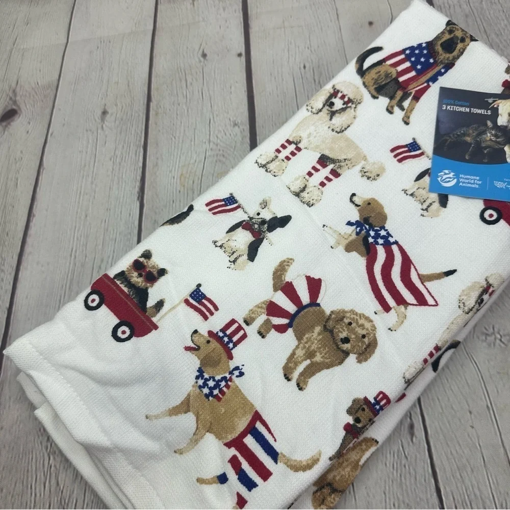 NWT Patriotic Dog Print Kitchen Towel 100% cotton set of 3